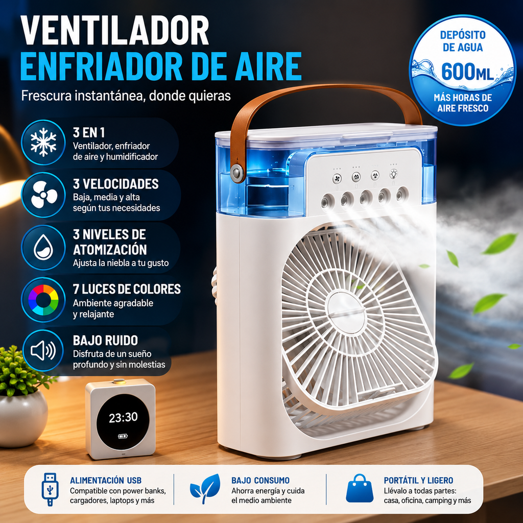 Ventilador 3 en 1 – Aire Frío, Humidificador y Luz LED