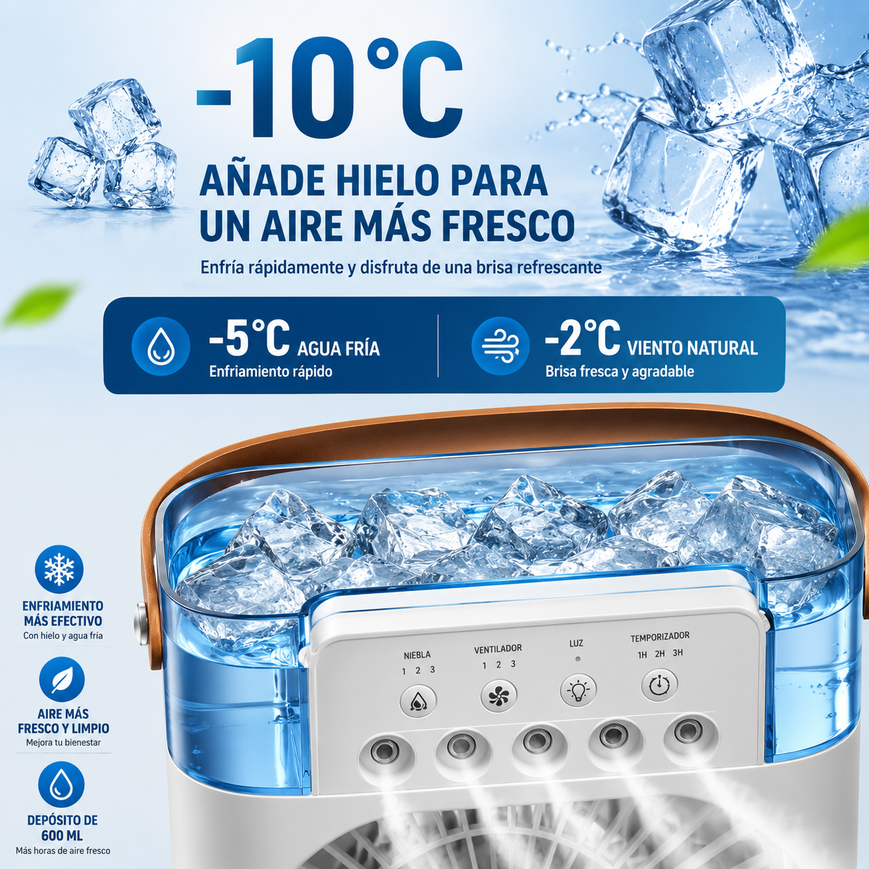 Ventilador 3 en 1 – Aire Frío, Humidificador y Luz LED