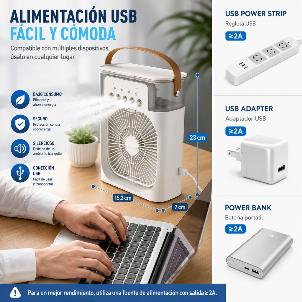 Ventilador 3 en 1 – Aire Frío, Humidificador y Luz LED