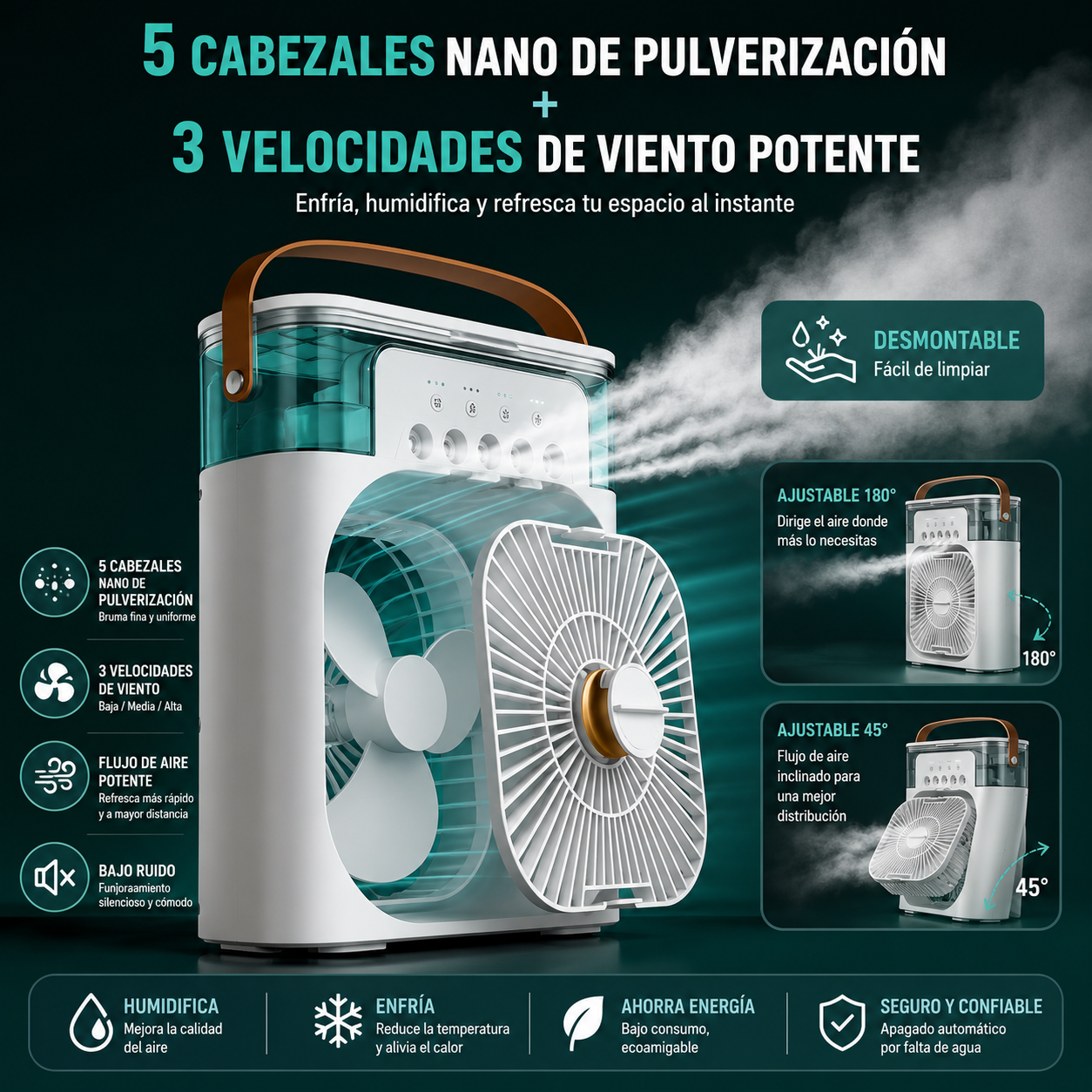 Ventilador 3 en 1 – Aire Frío, Humidificador y Luz LED