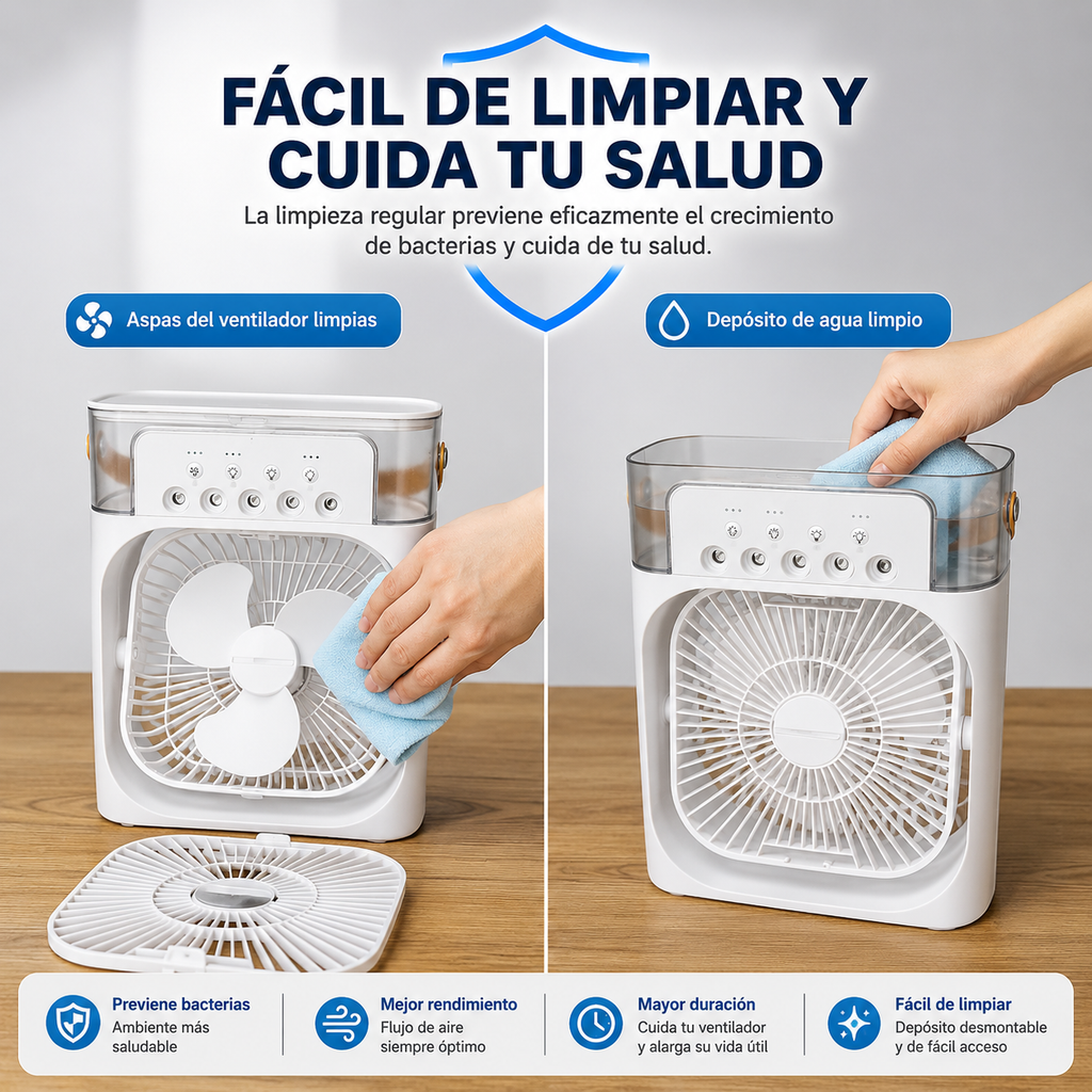 Ventilador 3 en 1 – Aire Frío, Humidificador y Luz LED